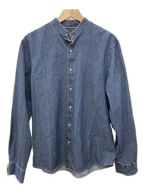 Men's Blue Denim Button-Front Mandarin Collar Shirt | M